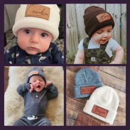 Squishy Cheeks Boy's Personalized Newborn Knotted Baby Beanie Hat with Vegan Leather Name Patch